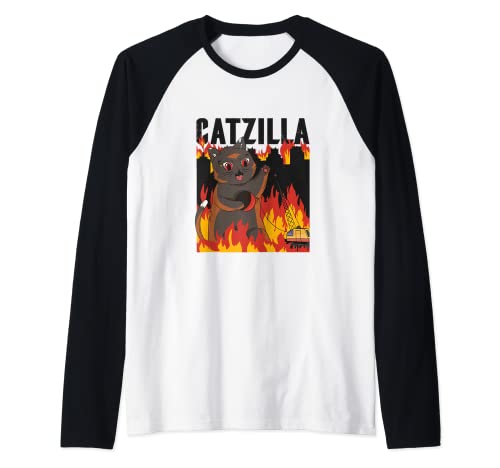 Catzilla - Gato Ciudad Llamas Bola de demolición Grúa Camiseta Manga Raglan