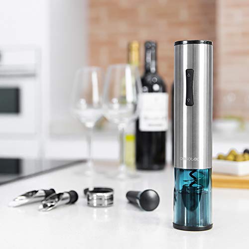 Cecotec Sacacorchos Eléctrico InstantCork 1000 Gourmet. Abre Botellas en solo 8 segundos, Funciona con 4 Pilas, Luz LED, Aguja helicoidal de Acero, Cuerpo de acero inoxidable