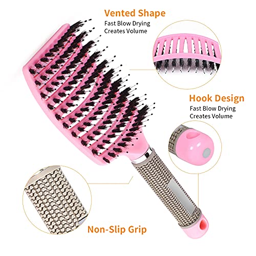 Cepillo de cerdas de jabalí, Rosa cepillo de nailon desenredante con cerdas de cerdo, cepillo curvado para desenredar el cabello para peinar el pelo para Cabello Largo, Fino, Grueso y Rizado,Rosa