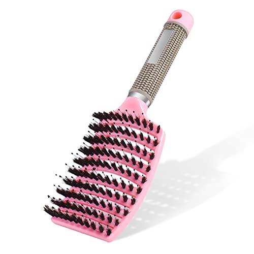 Cepillo de cerdas de jabalí, Rosa cepillo de nailon desenredante con cerdas de cerdo, cepillo curvado para desenredar el cabello para peinar el pelo para Cabello Largo, Fino, Grueso y Rizado,Rosa