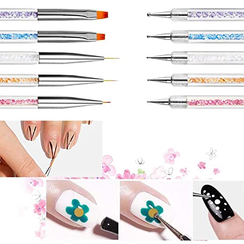 Cepillos para uñas,Kit de 5 Piezas de Plumas de Arte de Uñas, Nail Brushes Double Head punteado de cristal Herramientas de manicura Pintura Dot Pen Nail Art Paint Set