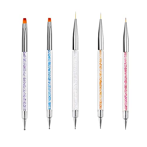 Cepillos para uñas,Kit de 5 Piezas de Plumas de Arte de Uñas, Nail Brushes Double Head punteado de cristal Herramientas de manicura Pintura Dot Pen Nail Art Paint Set