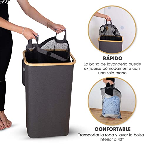 Cesta de ropa sucia con tapa plegable con bolsas ropa extraíble 100 l gris - Cesto Colada ropa sucia estrecho grande bambu - Canasto Cestos para la ropa sucia - Cesta para la colada - laundry basket