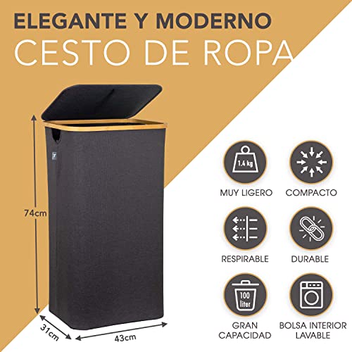 Cesta de ropa sucia con tapa plegable con bolsas ropa extraíble 100 l gris - Cesto Colada ropa sucia estrecho grande bambu - Canasto Cestos para la ropa sucia - Cesta para la colada - laundry basket