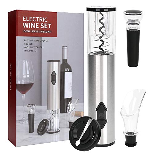 CestMall Juego de abridor de Vino eléctrico 4 en 1, sacacorchos automático, abrebotellas de Vino, Funciona con Pilas, inalámbrico, con Cortador de Papel de Aluminio, tapón de vacío para vertedor