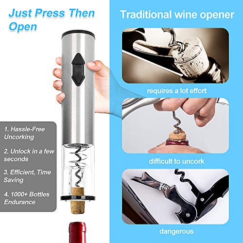 CestMall Juego de abridor de Vino eléctrico 4 en 1, sacacorchos automático, abrebotellas de Vino, Funciona con Pilas, inalámbrico, con Cortador de Papel de Aluminio, tapón de vacío para vertedor