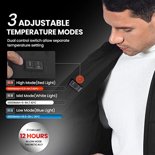 Chaleco Calefactable para Hombre y Mujer de Abdomen, Espalda y Cuello, Ropa Calefactable USB con 2 Controlador, 3 Temperatura, 6 Bolsillos, 4 Tallas, Chaqueta Calefactable para Moto, Caza, Pesca (XL)