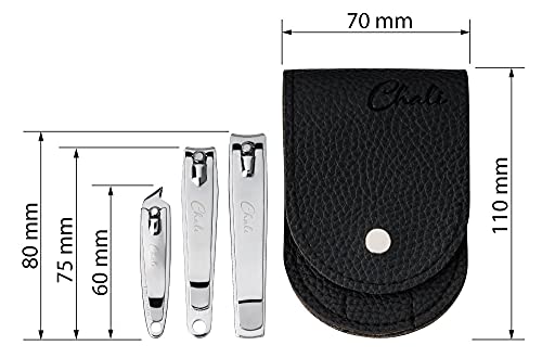 Chali® Juego de Cortauñas 3 Piezas con Estuche, Cortador de Uñas Acero Inoxidable 8cm 7,5cm 6cm para Manos y Pies - Corta Uñas para Hombres y Mujeres