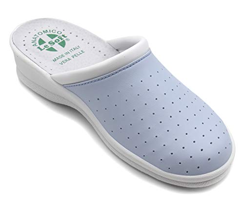 Chanclas sanitarias anatómicas para hombre y mujer, zapatillas ortopédicas cómodas con empeine de auténtica piel perforada, fabricadas en Italia, Azul Mujer, 38 EU