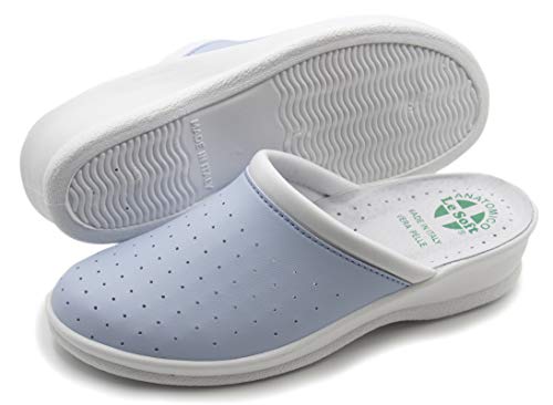 Chanclas sanitarias anatómicas para hombre y mujer, zapatillas ortopédicas cómodas con empeine de auténtica piel perforada, fabricadas en Italia, Azul Mujer, 38 EU