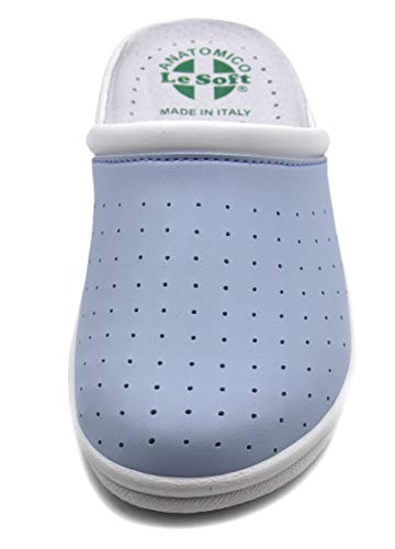 Chanclas sanitarias anatómicas para hombre y mujer, zapatillas ortopédicas cómodas con empeine de auténtica piel perforada, fabricadas en Italia, Azul Mujer, 38 EU