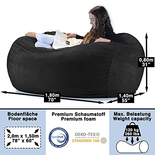 Charlie & Finn Puf Giga XXL en Negra Noche – Funda Aterciopelada Muy cómoda con Espuma viscoelástica – Cama Gigante, sofá Largo, Tumbona acogedora, colchón Genial - Niños, Adultos y Adolescentes