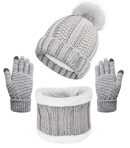 CheChury Conjunto de Bufanda Gorro de Punto y Guantes de Punto de Gorro con Pompón Invierno Regalos Guantes Táctiles Gorras Con Bufanda Suave Conjunto de Guantes de Punto,Gris,talla única