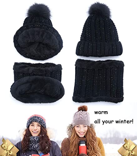 CheChury Conjunto de Bufanda Gorro de Punto y Guantes de Punto de Gorro con Pompón Invierno Regalos Guantes Táctiles Gorras Con Bufanda Suave Conjunto de Guantes de Punto,Gris,talla única