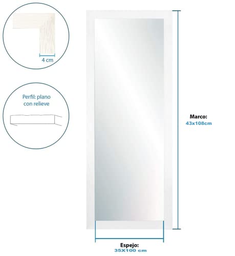 Chely Intermarket, Espejo de Pared Cuerpo Entero 35x100cm (43x108cm) Blanco/Mod-146, Ideal para salón, Comedor, Dormitorio y oficinas. Fabricado en España. Material Madera.(146-35x100-4,15)