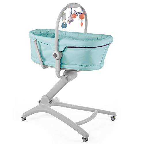 Chicco Baby Hug 4 en 1 Mini Cuna para Bebés 0 Meses - 3 Años (15 kg), Cuna, Hamaca, Trona y Silla para Bebés con Arco de Juguetes, Altura y Respaldo Ajustables y 4 Ruedas, Azul (Aquarelle)