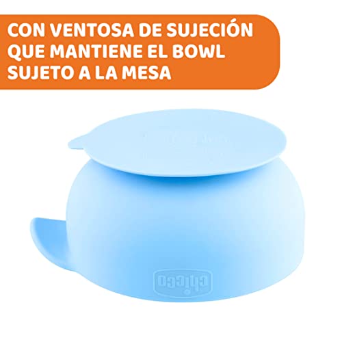 Chicco Easy Bowl, Bol de Silicona para Bebés con Base de Ventosa, Cuenco Suave para Comida Semilíquida con Asa Ergonómica, Apto para Lavavajillas y Microondas, Bebés +6 Meses, Azul Claro