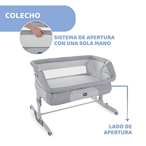 Chicco Next2Me Dream Cuna de Colecho para Bebé con Colchón, Función de Mecedora, Lateral Abatible, Altura Ajustable, Panel de Malla, Ruedas y Bolsa de Viaje 0-6 meses, 9 kg (Luna)