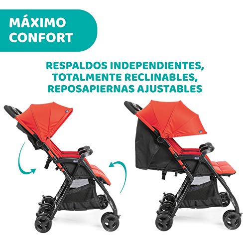 Chicco OHlalà Twin Silla de Paseo Gemelar desde 0 Meses hasta 15 kg para Gemelos y Hermanos, Cochecito Doble Reclinable y Plegable, Muy Ligero, Plegado Compacto, Cubierta para Lluvia - Color Rojo