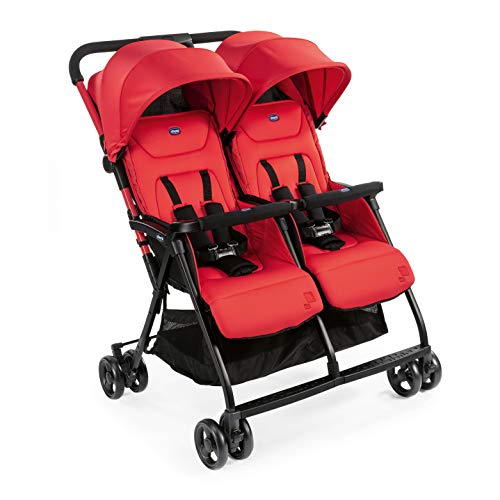 Chicco OHlalà Twin Silla de Paseo Gemelar desde 0 Meses hasta 15 kg para Gemelos y Hermanos, Cochecito Doble Reclinable y Plegable, Muy Ligero, Plegado Compacto, Cubierta para Lluvia - Color Rojo