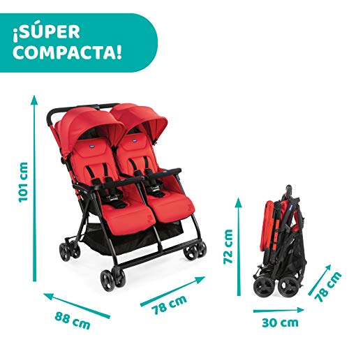 Chicco OHlalà Twin Silla de Paseo Gemelar desde 0 Meses hasta 15 kg para Gemelos y Hermanos, Cochecito Doble Reclinable y Plegable, Muy Ligero, Plegado Compacto, Cubierta para Lluvia - Color Rojo