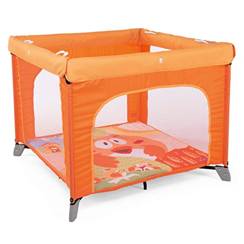 Chicco Open Box Parque Bebé de 0 Meses a 15 Kg – Parque Plegable y Compacto, Parque de Juegos con Alfombra Extraíble, Ventanas de Malla, 4 Asas y Bolsa de Transporte, Color Naranja (Fancy Chicken)