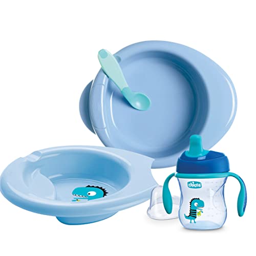 Chicco Set de Comida Infantil 6m+ Juego Menaje Niños para Destete con Plato Térmico, Plato Come Fácil, Vaso de Aprendizaje para Bebé y Cuchara de Silicona – Vajilla +6 Meses, Azul