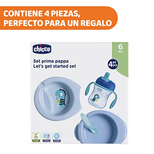 Chicco Set de Comida Infantil 6m+ Juego Menaje Niños para Destete con Plato Térmico, Plato Come Fácil, Vaso de Aprendizaje para Bebé y Cuchara de Silicona – Vajilla +6 Meses, Azul