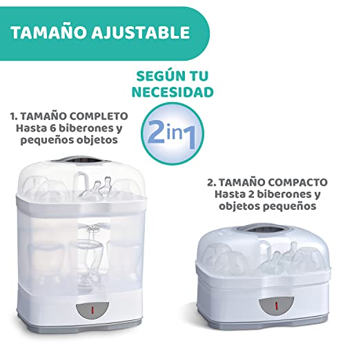 Chicco SterilNatural Esterilizador de Biberones 2 en 1, Esterilizador Natural de Vapor con 2 Configuraciones, Rápido y Fácil de Usar, Hasta 6 Biberones de 330 ml o Chupetes, Color Blanco