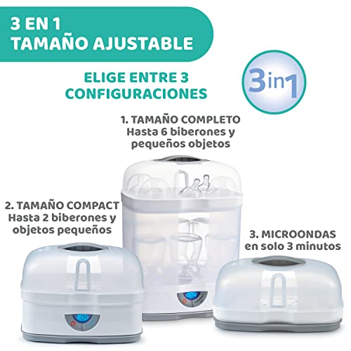 Chicco SterilNatural Esterilizador de Biberones 3 en 1, Esterilizador Natural de Vapor para Microondas con 3 Configuraciones, Rápido y Fácil de Usar, Hasta 6 Biberones de 330 ml o Chupetes, Blanco