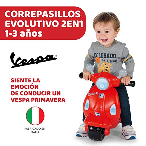 Chicco Vespa Primavera, Moto Correpasillos para Niños, Juguete para Niños con Panel Electrónico, Luz, Sonido y Ruedines Estabilizadores Extraíbles – Moto Para Niños de 1 a 3 Años, Máx. 20 Kg, Roja