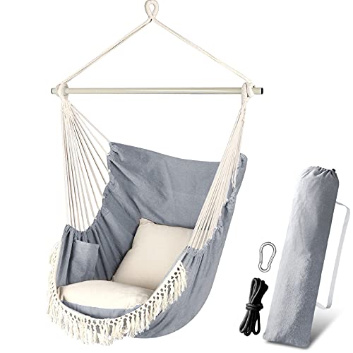 Chihee Columpio Colgante para Silla con Hamaca,2 Cojines incluidos, Barra Extensible Duradera, Silla Colgante, Bolsillo Lateral, Juego de Silla Grande de macramé,Tejido de algodón de Calidad