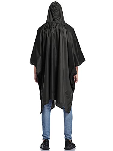 Chubasquero Hombre Poncho de Lluvia Reutilizable Capa Impermeable Multifuncional con Capucha Ligero Adulto al Aire Libre Negro