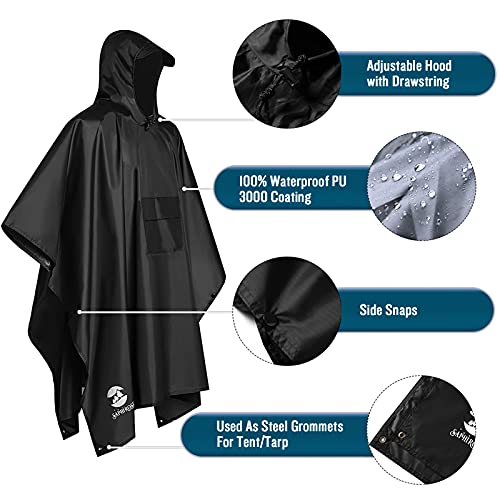 Chubasquero Hombre Poncho de Lluvia Reutilizable Capa Impermeable Multifuncional con Capucha Ligero Adulto al Aire Libre Negro