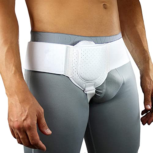 Cinturón Ajustable de Hernia Inguinal para Hombre, Lado Izquierdo o Derecho Braguero de Soporte para Hernia Inguinal con Almohadillas de Compresión Removibles, para Recuperación Quirúrgica,White