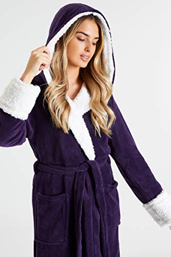 CityComfort Bata de Estar por Casa Mujer Invierno con Capucha, Ropa de Dormir Suave Material de Forro Polar, Batín Tejido Peluche Accesorios Mujer, Regalos para Mama (M, Morado Oscuro)