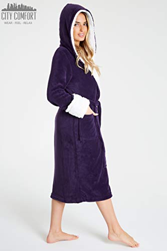 CityComfort Bata de Estar por Casa Mujer Invierno con Capucha, Ropa de Dormir Suave Material de Forro Polar, Batín Tejido Peluche Accesorios Mujer, Regalos para Mama (M, Morado Oscuro)