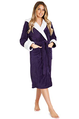 CityComfort Bata de Estar por Casa Mujer Invierno con Capucha, Ropa de Dormir Suave Material de Forro Polar, Batín Tejido Peluche Accesorios Mujer, Regalos para Mama (M, Morado Oscuro)