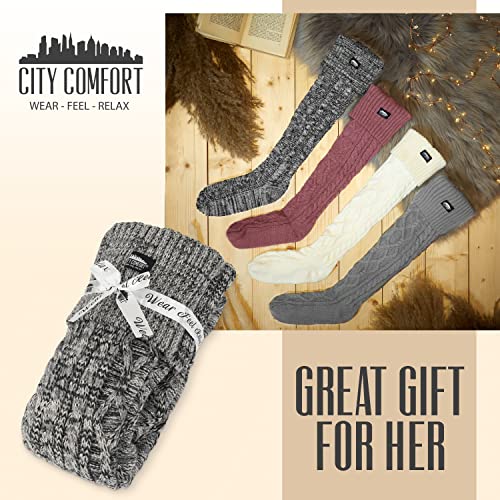 CityComfort Calcetines Mujer Altos, Calcetines Largos Hasta la Rodilla Talla Única 37-41, Regalos Para Mujer (Negro/Gris)