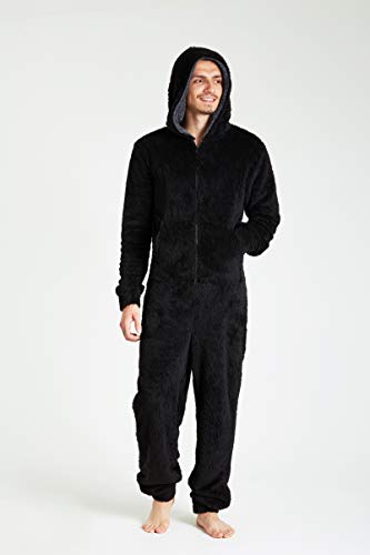 CityComfort Pijama Hombre Entero de Una Pieza, Pijama Hombre Invierno de Forro Polar, Pijama Mono con Capucha, Regalos para Hombre y Adolescentes Talla M-XL (XL, Negro)