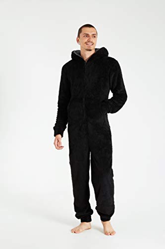 CityComfort Pijama Hombre Entero de Una Pieza, Pijama Hombre Invierno de Forro Polar, Pijama Mono con Capucha, Regalos para Hombre y Adolescentes Talla M-XL (XL, Negro)