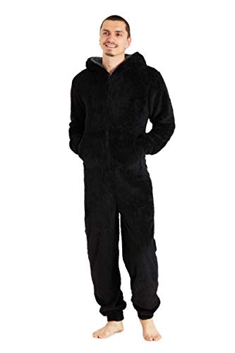 CityComfort Pijama Hombre Entero de Una Pieza, Pijama Hombre Invierno de Forro Polar, Pijama Mono con Capucha, Regalos para Hombre y Adolescentes Talla M-XL (XL, Negro)