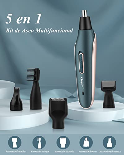 CkeyiN Cortapelos Nariz y Oreja,5 en 1 Hoja de Doble Filo Impermeable Cortapelos Nariz y Oreja,Multifuncional Recortador Pelos Nariz/Orejas/Ceja/Barba,USB Recargable Grooming Set Recortadora