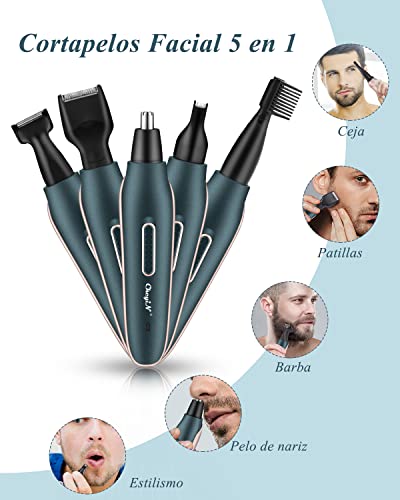 CkeyiN Cortapelos Nariz y Oreja,5 en 1 Hoja de Doble Filo Impermeable Cortapelos Nariz y Oreja,Multifuncional Recortador Pelos Nariz/Orejas/Ceja/Barba,USB Recargable Grooming Set Recortadora