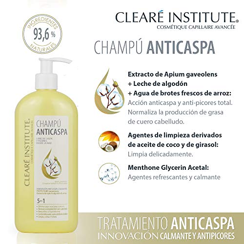 Clearé Institute. Champú Anticaspa - Limpia, Calma e Hidrata | Sin Sulfatos ni Parabenos ni Siliconas SLS | 95% de Ingredientes Naturales | Elimina Caspa y Picores | Acción Ultra Refrescante - 400 ml