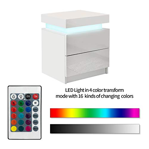 CLIPOP Mesita de noche de alto brillo con 2 cajones con 16 luces LED RGB, 2 cajones, mesita de noche para salón, dormitorio, muebles (blanco)