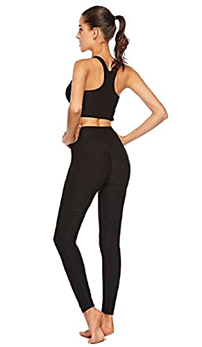 CMTOP Leggings Push Up Mujer Mallas Panal Arrugado Pantalones Deportivos Alta Cintura Elásticos Yoga Leggings Mujer Fitness Suaves Elásticos Cintura Alta (Negro, L)