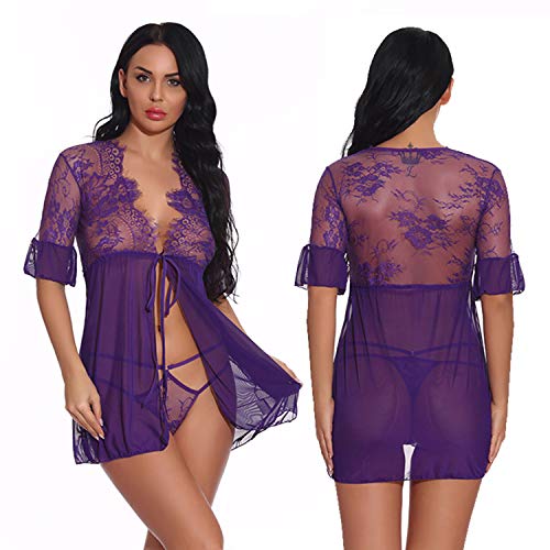 CMTOP Mujer Ropa Erótica Camisón Conjunto de Lencería Sexy para Mujer Pestaña Babydoll Frente Abierto Camisón Translúcido Elástico de Encaje Floral con Tanga