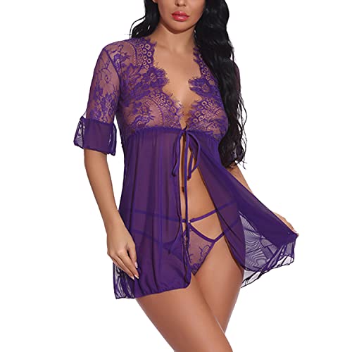 CMTOP Mujer Ropa Erótica Camisón Conjunto de Lencería Sexy para Mujer Pestaña Babydoll Frente Abierto Camisón Translúcido Elástico de Encaje Floral con Tanga