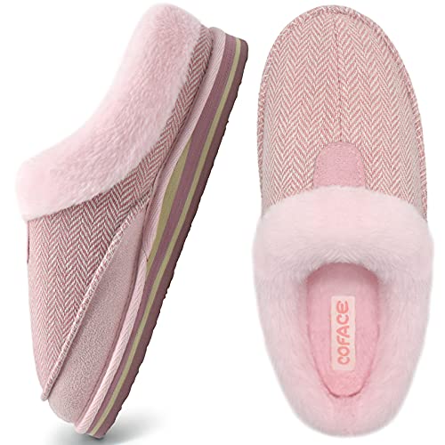 COFACE Zapatillas Casa Mujer Invierno Cerradas Pantuflas Caliente Peluche Piel Comoda Memory Foam Slippers Fascitis-Plantar Antideslizante Goma Suela Rosa 38